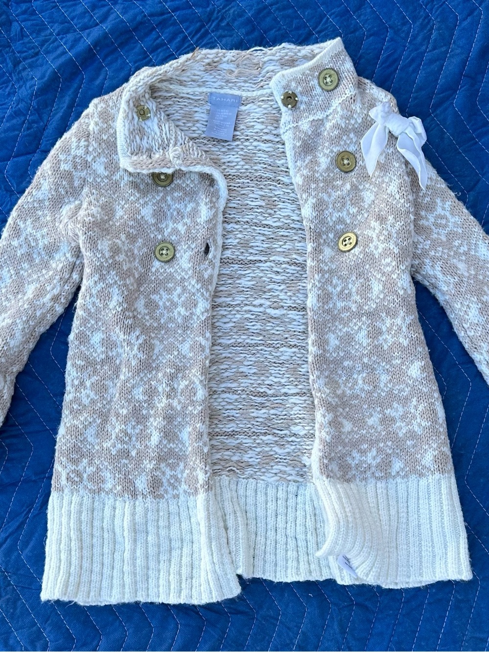Tahari Beige & Cream Knit Girls' Coat with Button Front